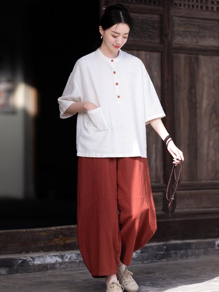 Women's Cotton Linen Zen Meditation Suit with Frog Button Shirt