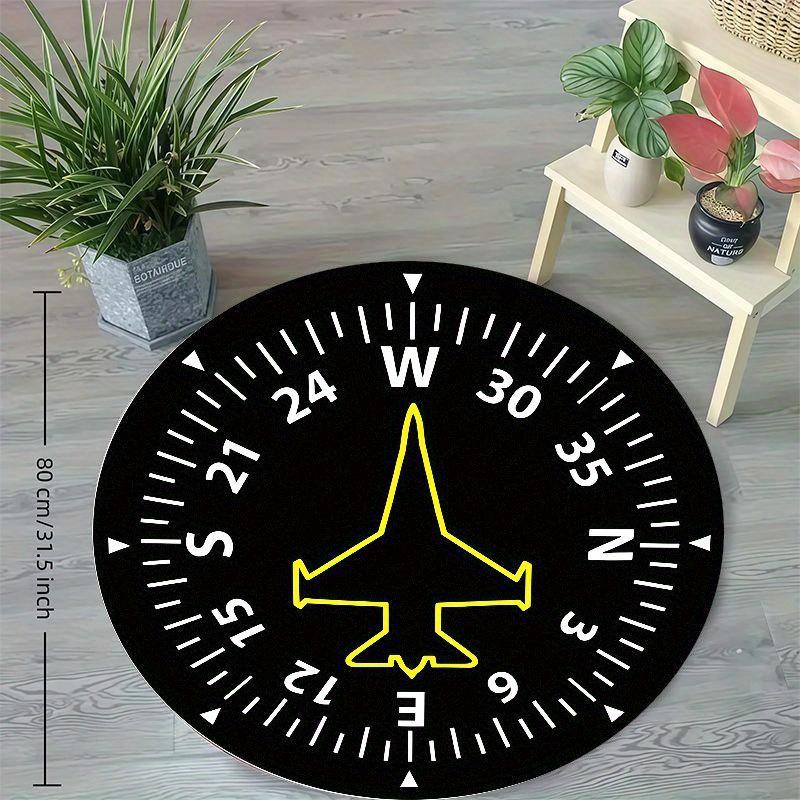 Black Compass Airplane Round Rug Flannel Non Slip Floor Mat Aviation Theme Kids Room Decor Pilot Gift Nursery Playroom Carpet