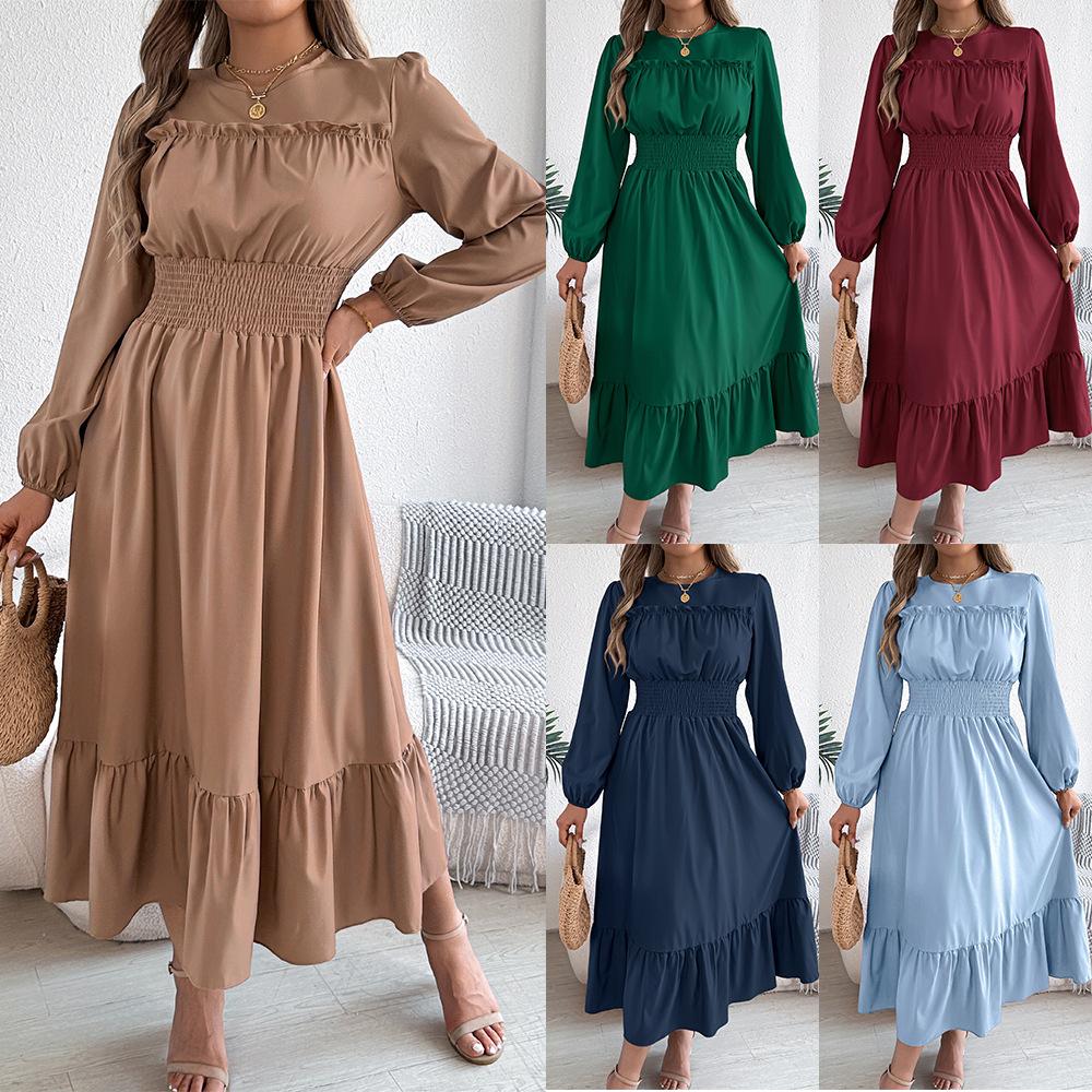 Women's Round Neck Ruffle Smocked Waist Maxi Dress Puff Long Sleeve A Line Tiered Casual Party Dress