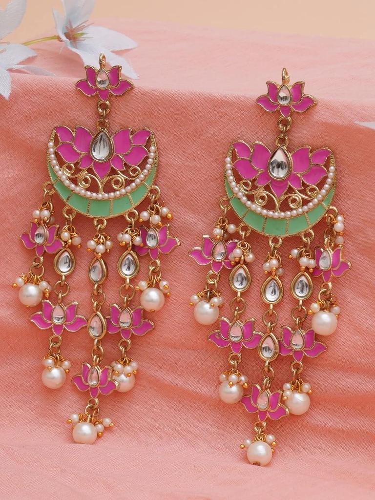 Vergoldete rosa Meena Lotus Design Kundan Hängeohrringe für Damen