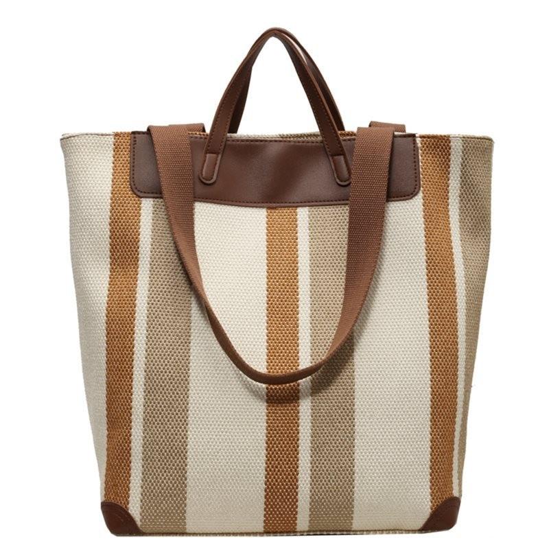 Large Capacity Unisex Striped Canvas Tote Bag For Summer Travel And Daily Use