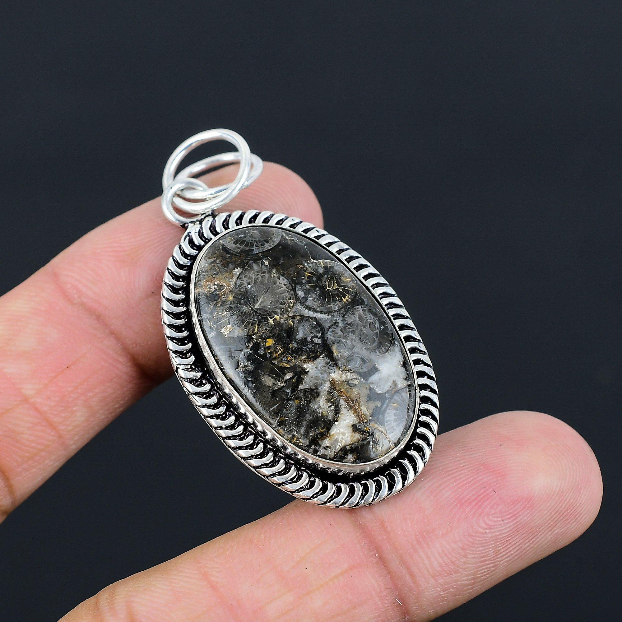 Womens day Sale 925 Silver Black Fossil Coral Stone Root Chakra Sister Pendant