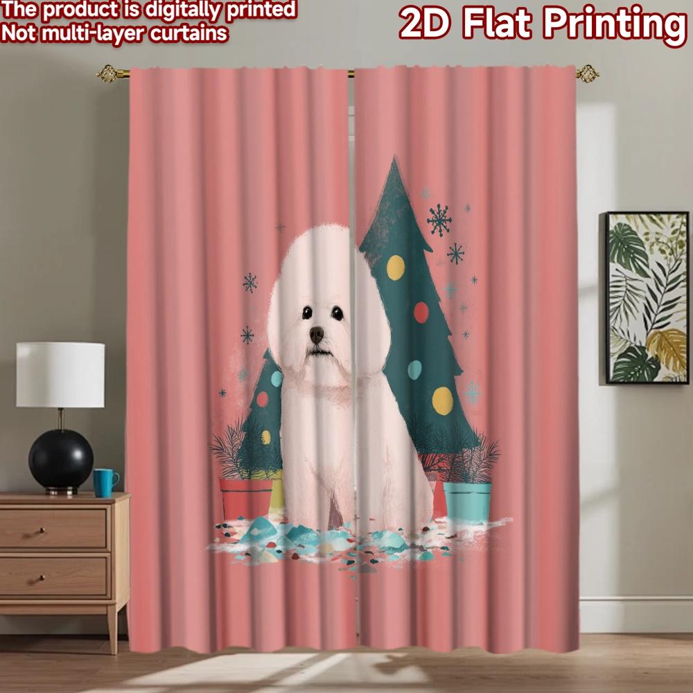 Stampa piana 2D 2 pezzi Tende Bichon Cane Albero di Natale Stampato Digitalmente Poliestere Tende Decorazione Murale Festiva Utilizzo per Cabine Fotografiche