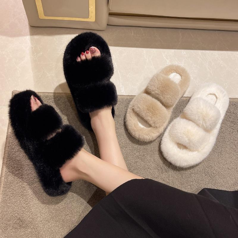 Fashion Women Thicken Plush Fur Slippers Winter Slip on Chunky Platform Loafers Mules Woman Thick Bottom Cotton Slippers