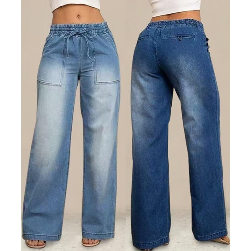 Women S Wide Leg Drawstring Elastic Waist Relaxed Fit Casual Denim Jeans
