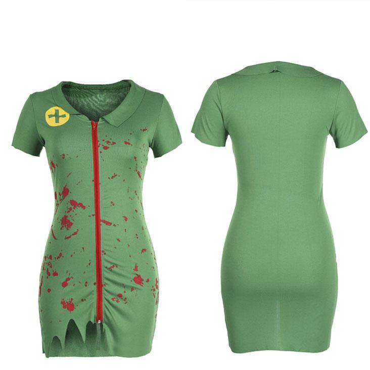 Halloween Blood Terror Kostýmy Zombie Nurse Sexy Zelené Walking Dead Cosplay šaty + mufl na ústa