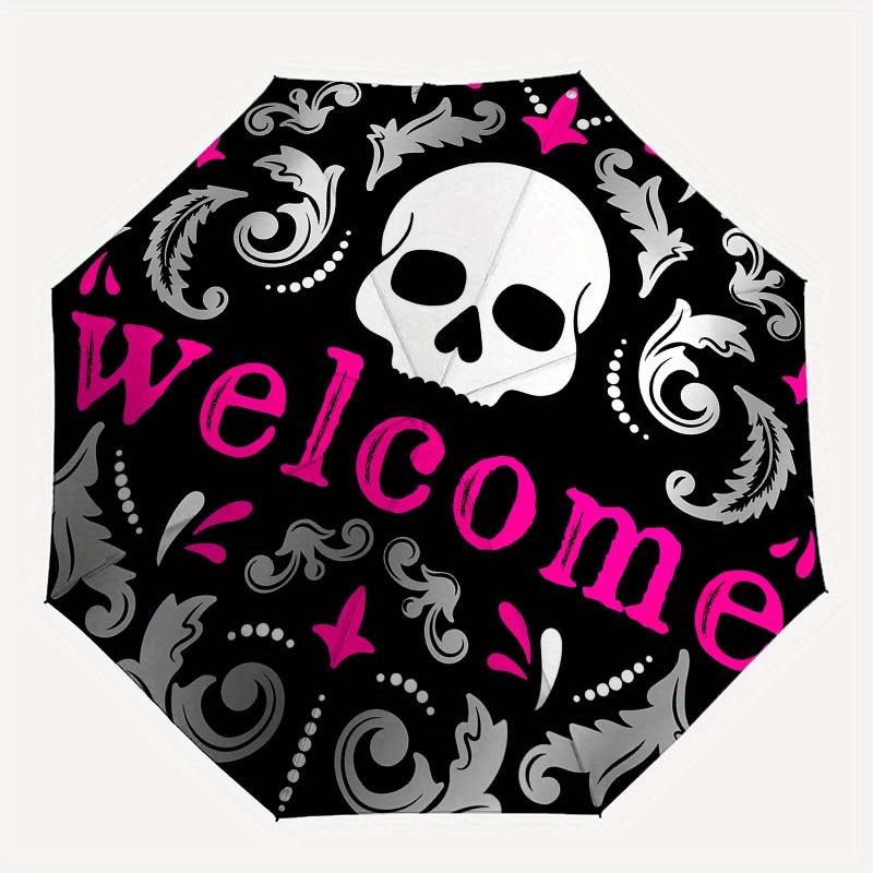 Skull Automatic Folding Umbrella 8 Ribs, Durable Iron Frame, Bright Color Pattern Compact Travel Umbrella, Suitable for Outdoor, Beach and