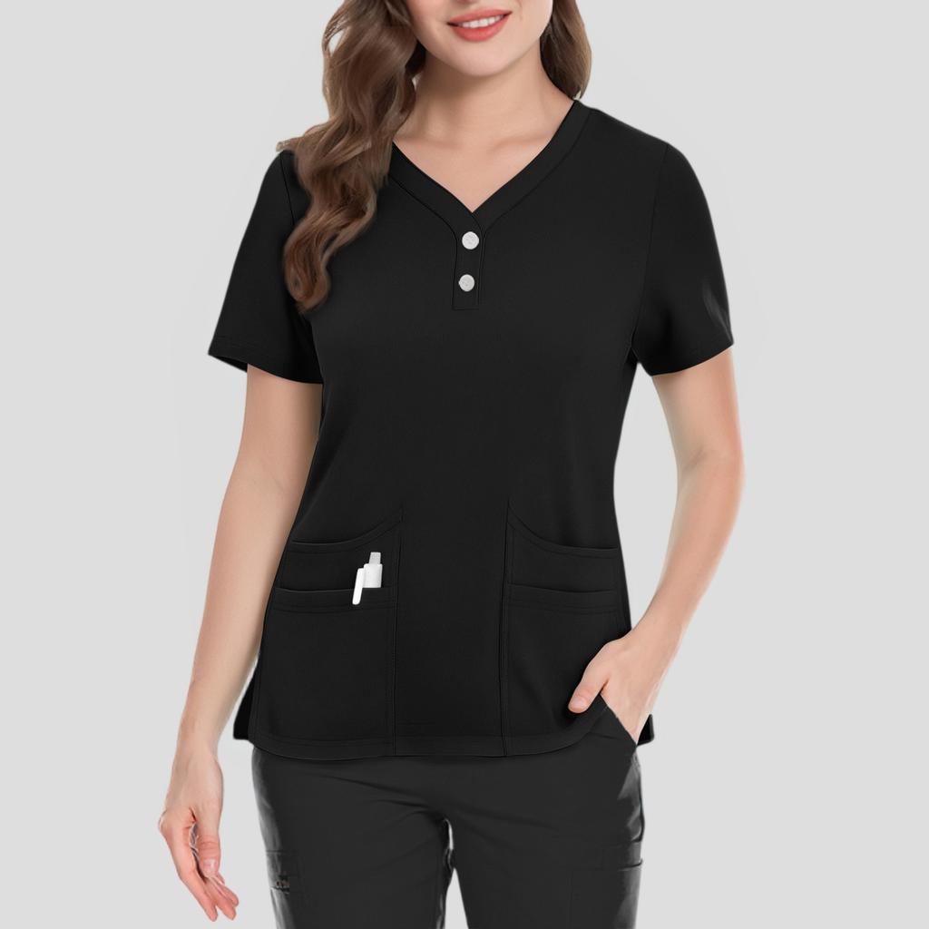 Women's Short Sleeved Solid Color V-neck Buttonable Side Slit Top T-shirt