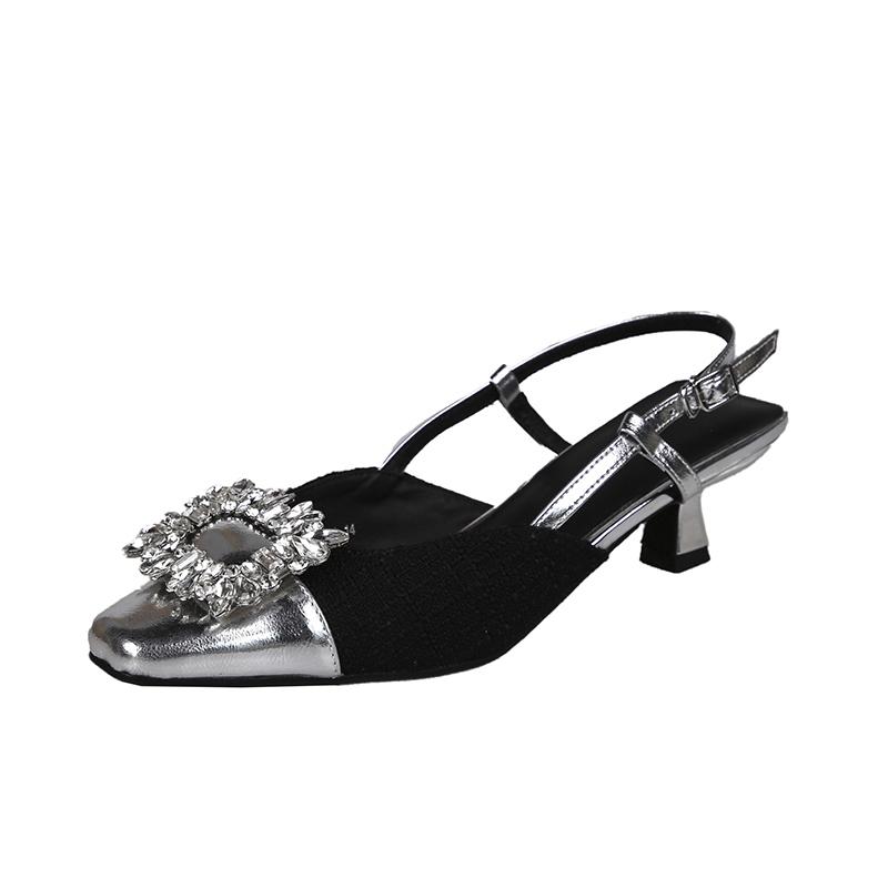 

Fashion Women Crystal Pointed Toe High Heeled Sandals Summer New Fashion Rhinestone Wedding Sequins Exposed Baotou Back Empty Sandals 35 чёрный