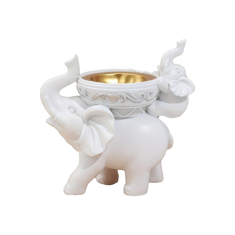 Decorative Mother and Baby Elephant Incenses Holder Resin Cone Burners White Finish with Gold Bowl for Meditations Room Table and Shelf Display