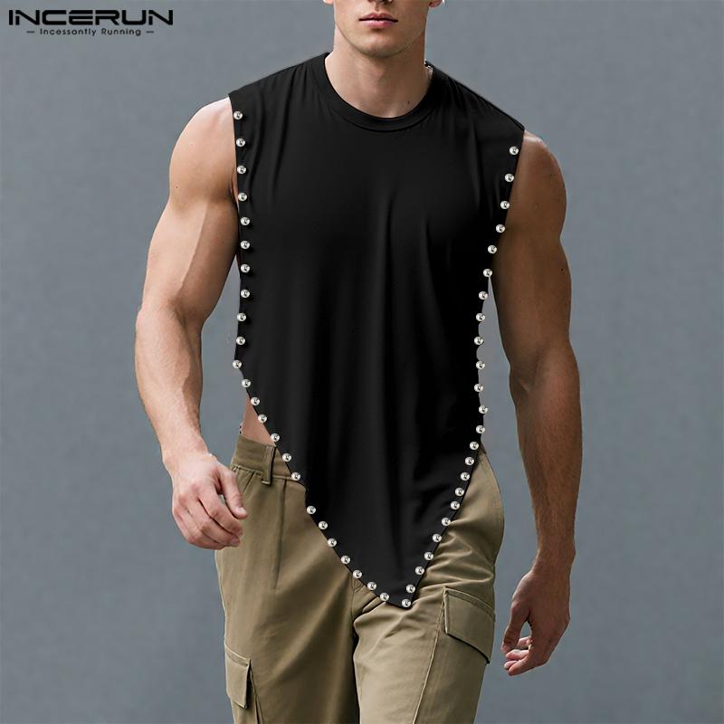 INCERUN Men O Neck Sleeveless Beading High Low Casual Loose Thin Tank Tops