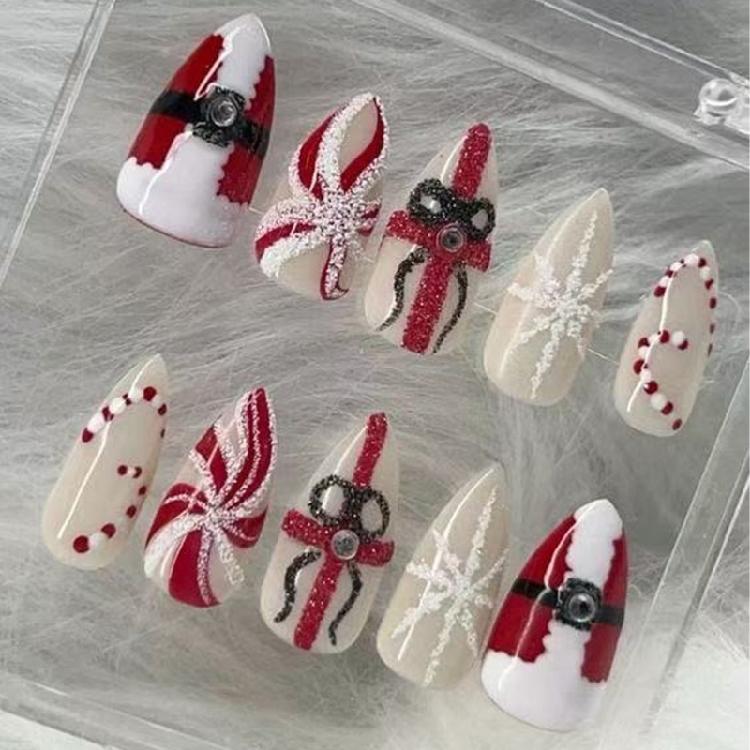 

Red White Striped Nail Art 30pcs Snowflake Design ABS Press On nail Durability Comfortable For Festive Occasions 1