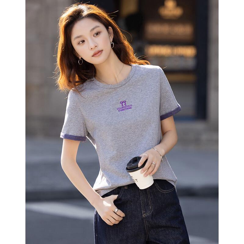 Damen Baumwolle Color-Block Bestickt Pailletten Kurzarm T-Shirt