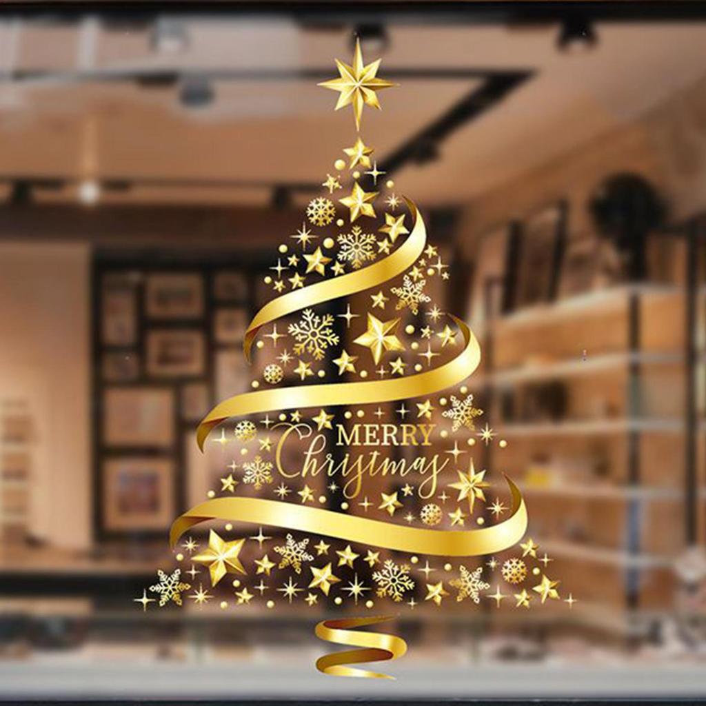Christmas Window Clings PVC Golden Christmas Tree Electrostatic Door Clings Indoor Holiday Glass Decals Decorations For
