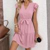 Women's Fashion V-neck Short Sleeve  A- Line Skirt Lace-up Waisted Dress