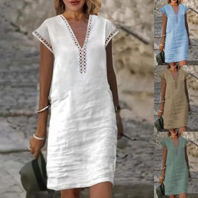 Summer New Women's Casual V-Neck Lace Patchwork Color Cotton Linen Dress