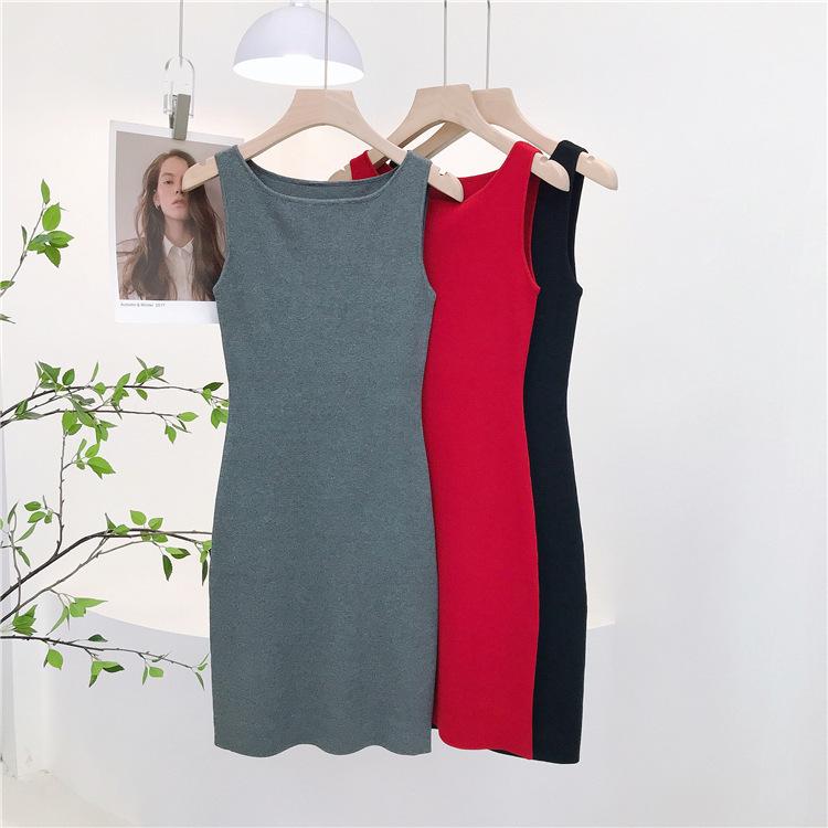 Autumn French Retro Sleeveless One-Shoulder Waist-Cinched Knit Dress, Short Skirt Medium серый