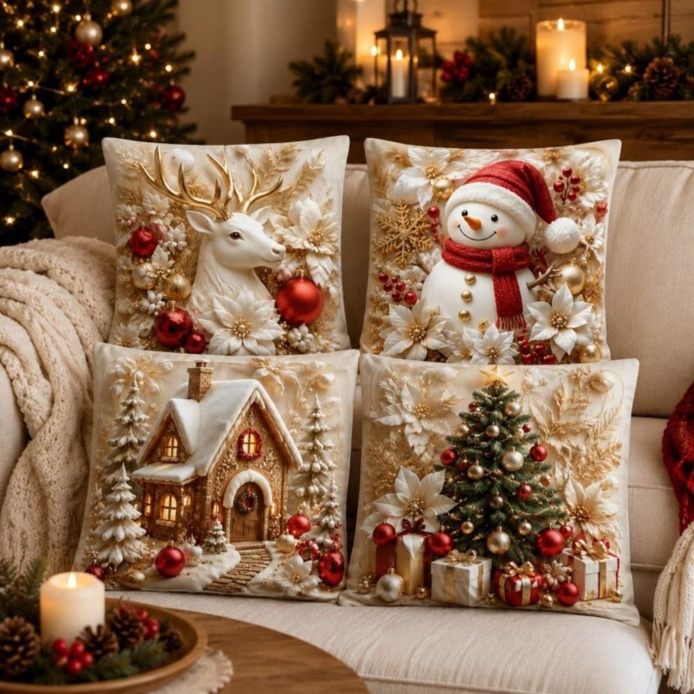 4Pcs Plush Decorative Pillowcase 45*45cm Christmas Pillow Cover  Festive Home Decor