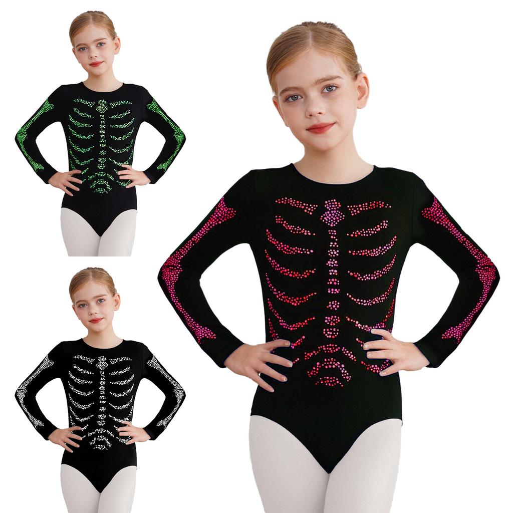 Combinaison Squelette Garçons Filles Strass Brillants Manches Longues Col Rond Boutons Pression à l'Entrejambe pour Cosplay Halloween Fête de Bal