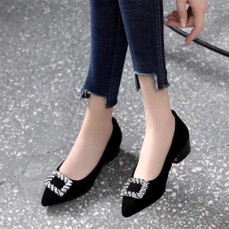 Women's Shoes 2025 Spring New Fashion Pointed Head Shallow Mouth Single Shoes Black First Layer Sheepskin Rhinestone Square Buckle Flat Loafers