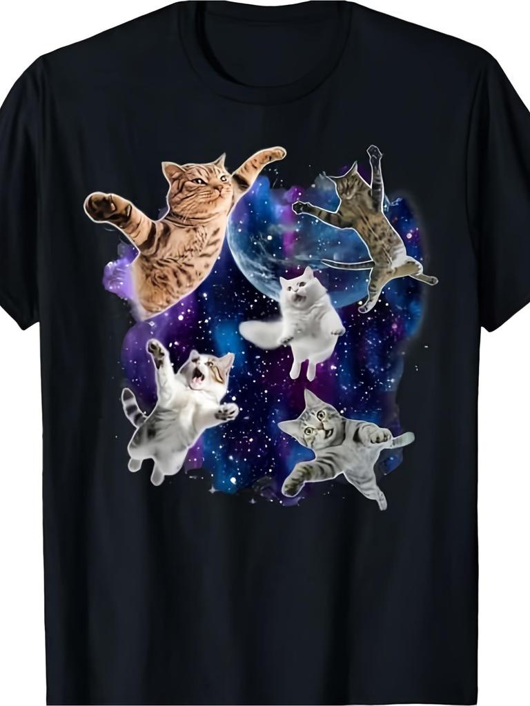 Funny for Cats In Space Meme T-Shirt Retro Graphic Tee with 6 Colorful Cartoon Cats And Starry Night