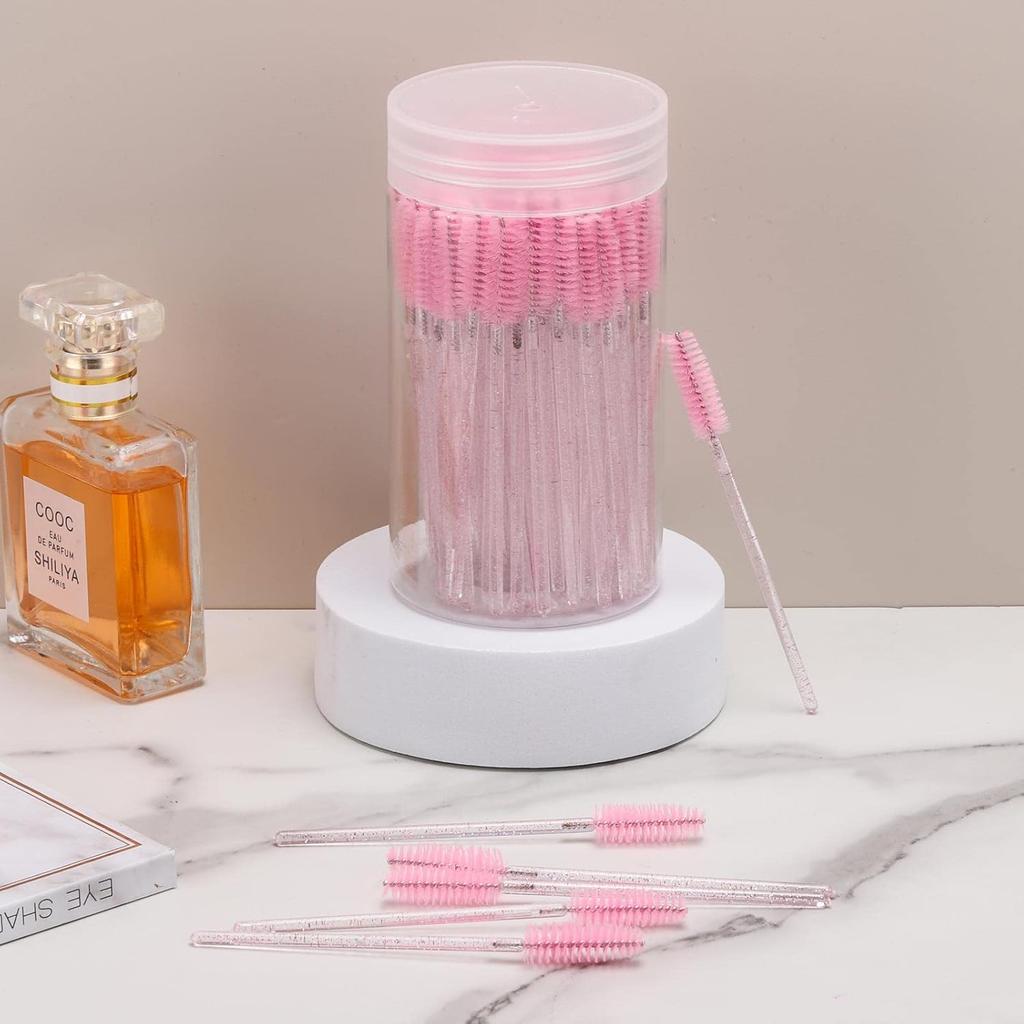 100 Pcs Disposable Mascara Wands & Crystal Eyebrow Spoolies Brush for Eyelash Extensions Pink Lash Brushes Container