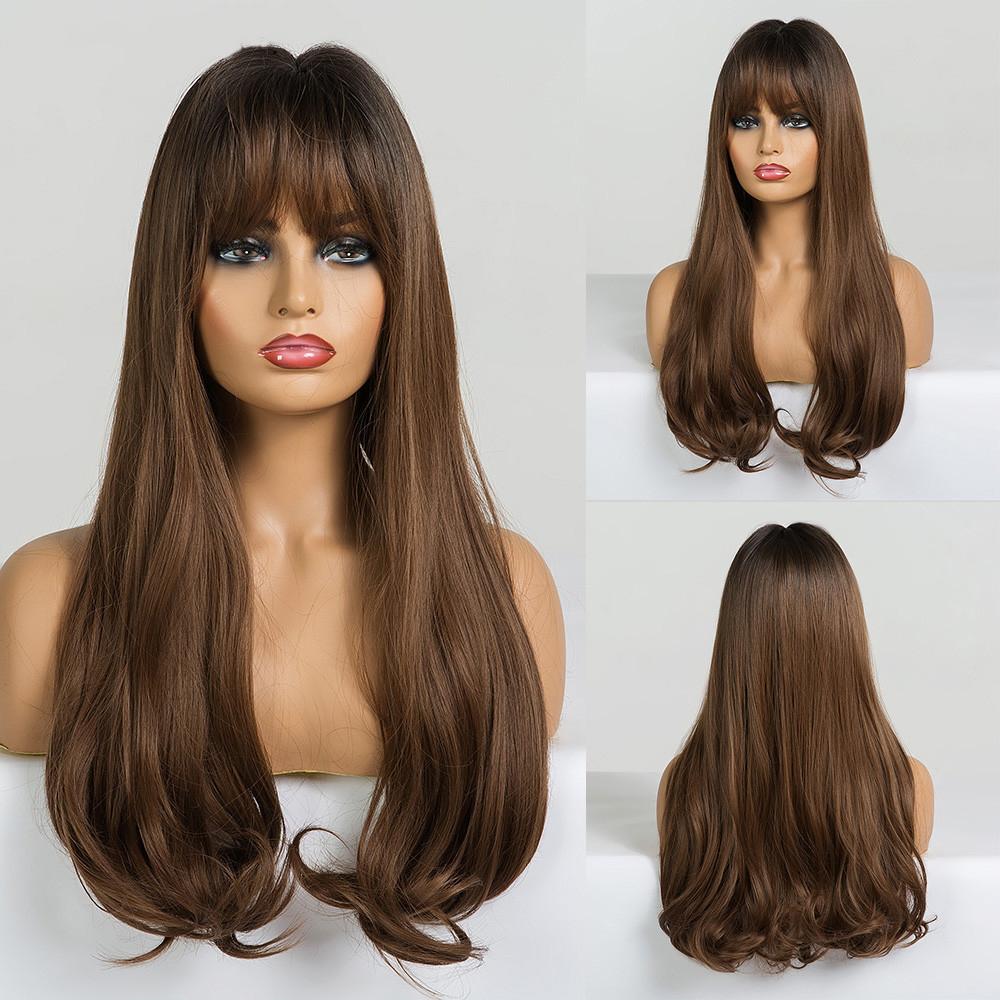 LOUIS FERRE Synthetic Long White Wigs with Bangs Cosplay Straight Wigs with Brown Highlight Natural Fake Hair for Black Women