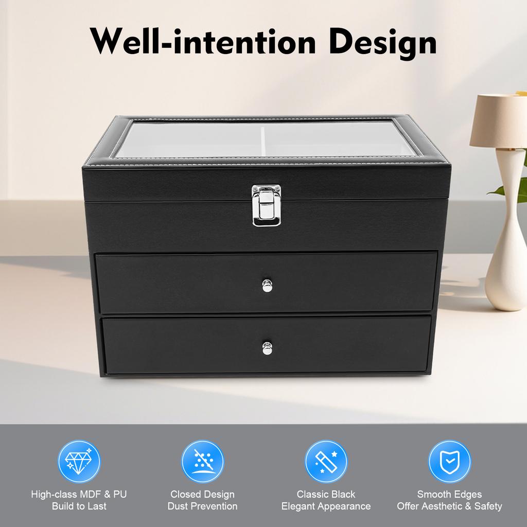 24 Slot Watch Box Glass Top, 3-Tier Display Case Holder Organizer for Watches & Eyeglasses with Lock for Collectors