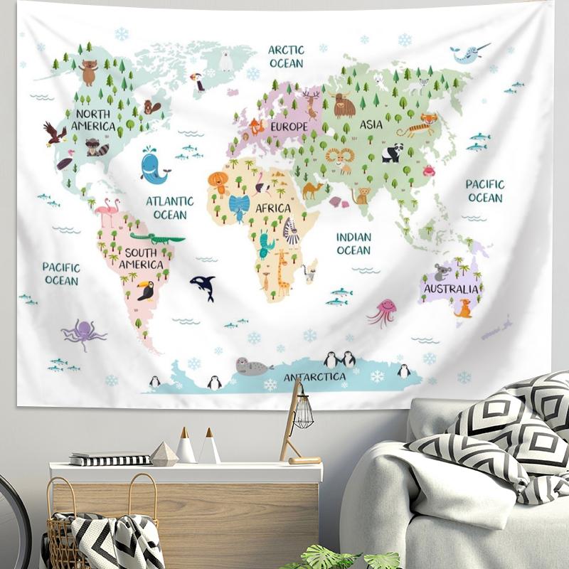 VIKAMA Ins Scandinavian World Terrain Tapestry Childrens Room Wall Decoration Cartoon Animal Map Bedside Background Tapestry