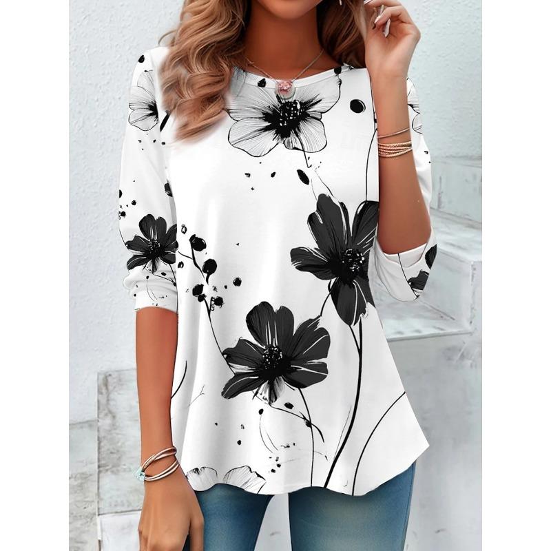 2025 Fashion Women's Floral Graphic Plants Elegant O-Neck Long Sleeve T-Shirts Y2K Casual Tops Womens Clothing Harajuku Pullover