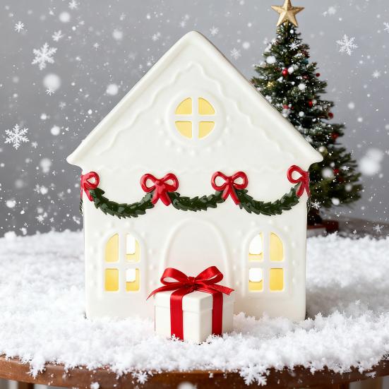 Christmas Village House Figurine LED Lighted White Small House Tabletop Decoration Winter Rustic Farmhouse Holiday Decor for Mantel Tabletop Room