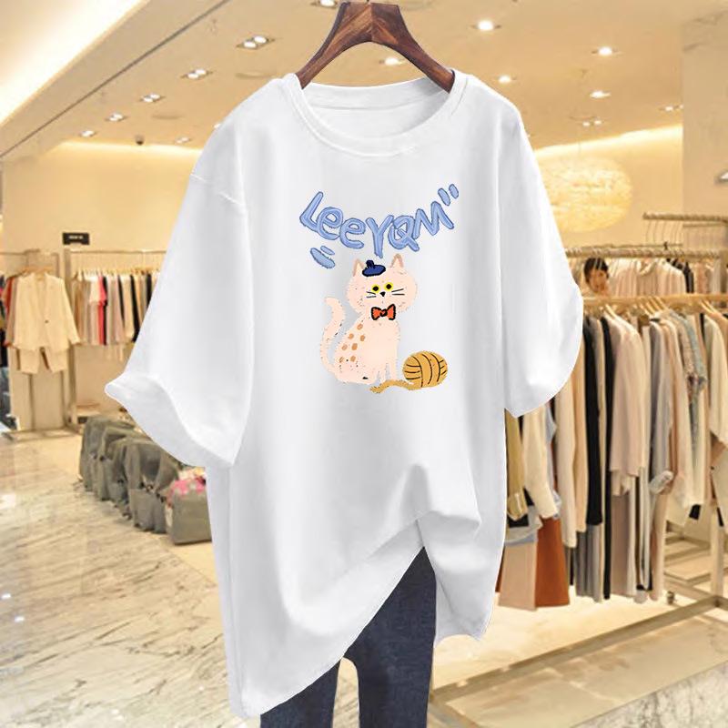 

2025 Spring/Summer Cartoon Cat Print Pure Cotton T-Shirt - Fashionable Short Sleeve Top S абрикосовий