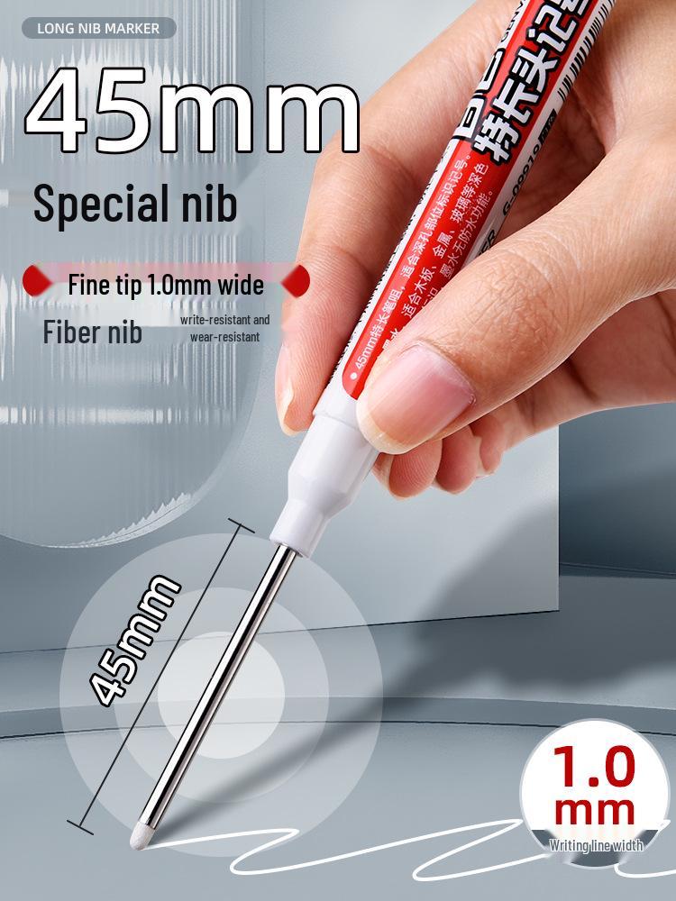 Extra-Long Tip White Oil-Based Marker: Durable, Non-Fading, Deep-Hole Pen for Construction.