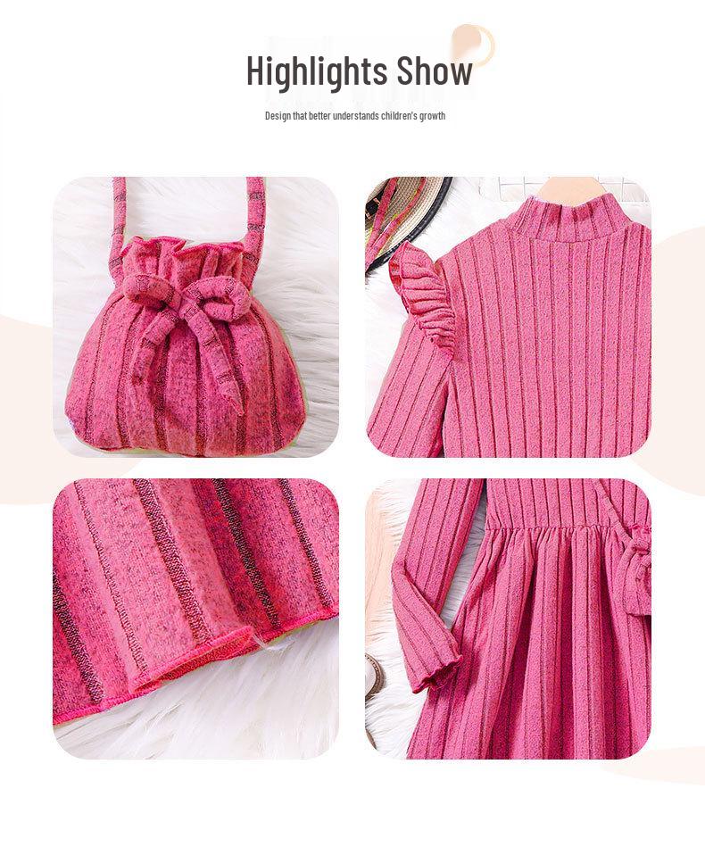 Autumn 2025 Girls' Knit Dress with Spliced Lace Sleeves