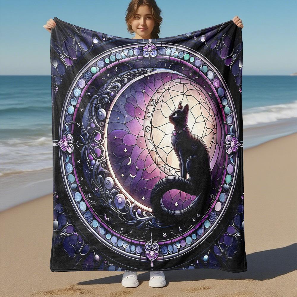 1PC Stained Glass Cat Outdoor Flannel Blanket Soft Plush Decor for Picnics, camping,Bedroom, Playroom, or Lunch Break, Perfect Gift , All Season12