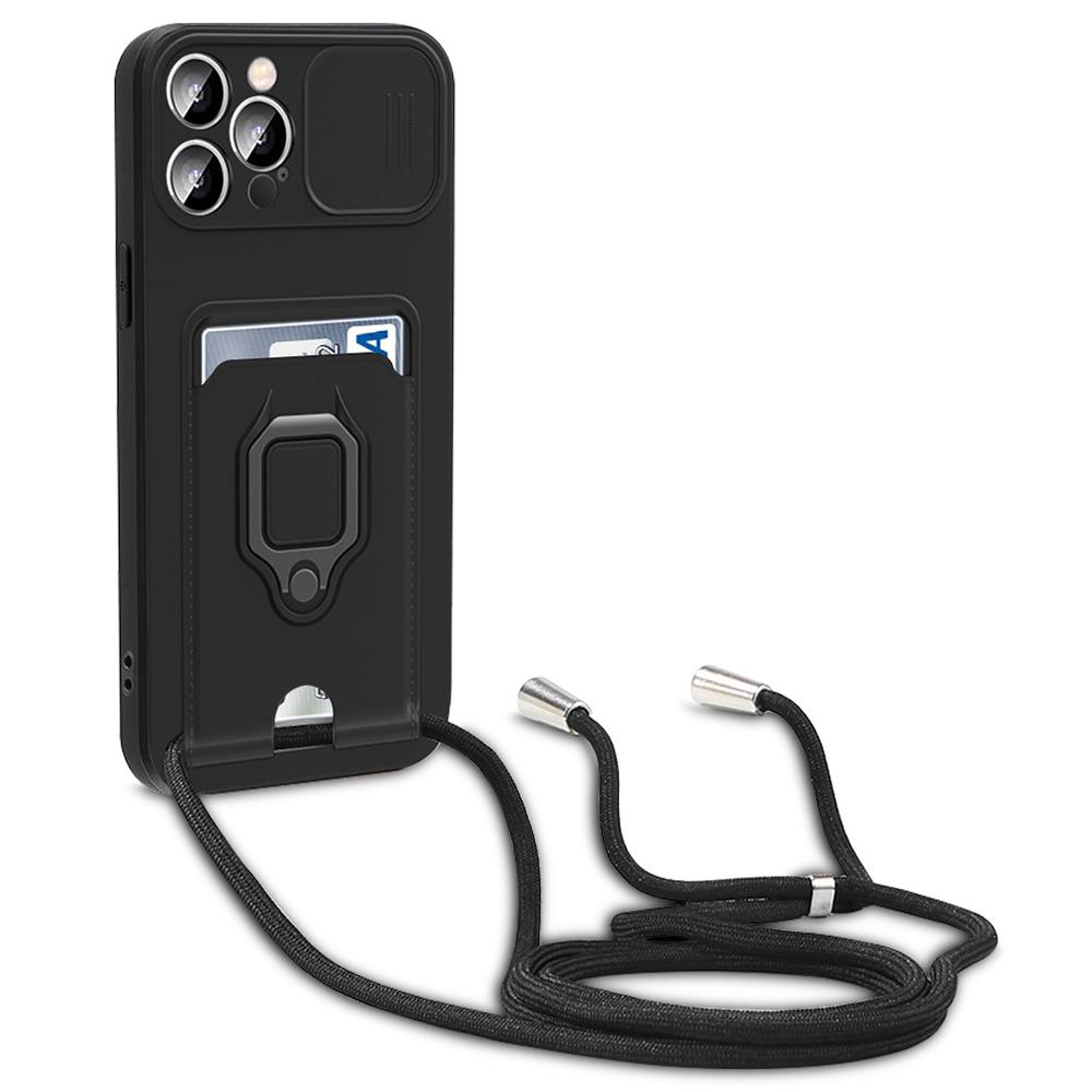 

For iPhone 15 Pro Max Case Card Holder PC+TPU Phone Kickstand Cover with Lanyard Black