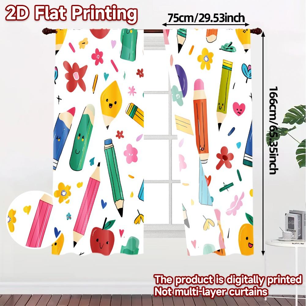 2D Flat Printing  JIT 2pcs   Curtains (Without Rod) Colorful Doodles Pattern Chic Curtains Durable 100% Polyester Fabric Curtains
