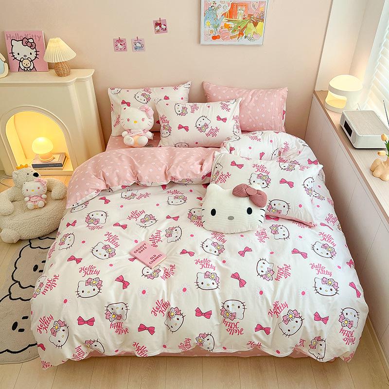 Hello Kitty All-Cotton Cute Cartoon Girl Fitted Sheet & Duvet Set - 4-Pc Dorm Style