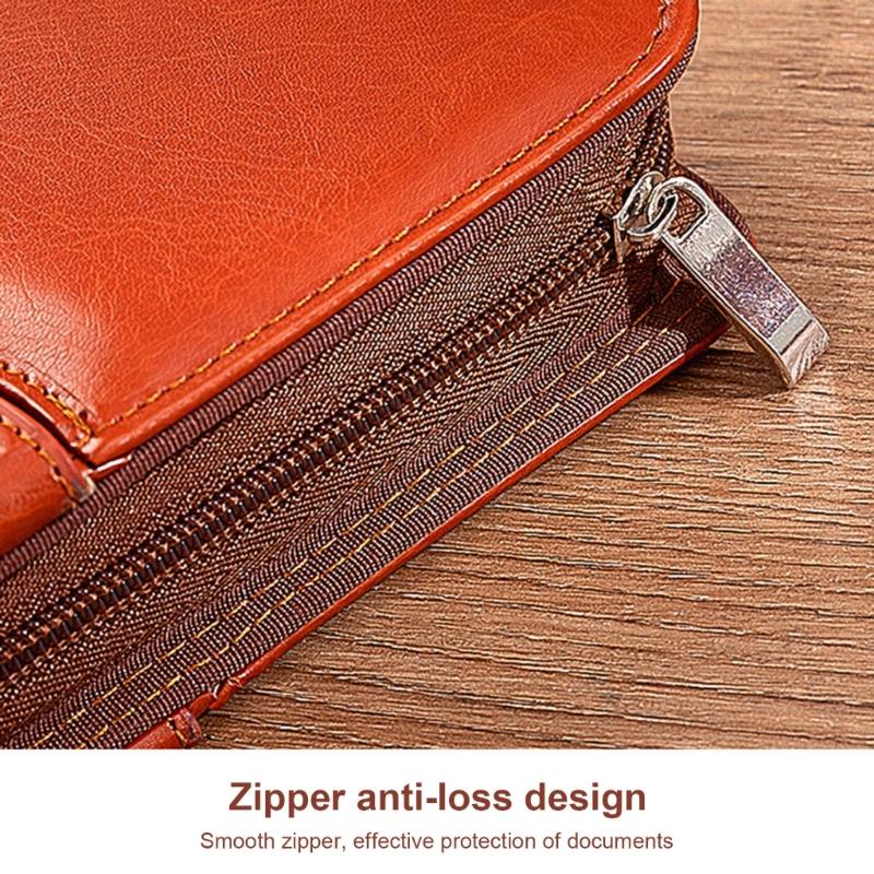 Leather Conference Folder Zippered Business Document Case with Calculator Clipboard Multiple Pocket Card Holder Pen Slot