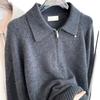Fall Winter Pullover Women Button Turn Down Collar Long Sleeve Half Zip Knit Sweater