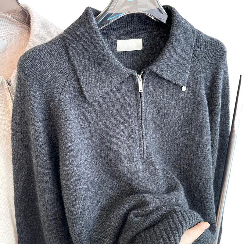 Fall Winter Pullover Women Button Turn Down Collar Long Sleeve Half Zip Knit Sweater