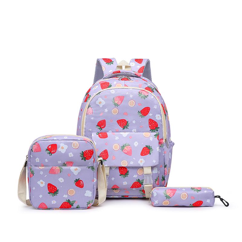 Strawberry Print Backpack Set Student Three-Piece Schoolbag Women's Large Capacity Water-Repellent Graffiti Backpack