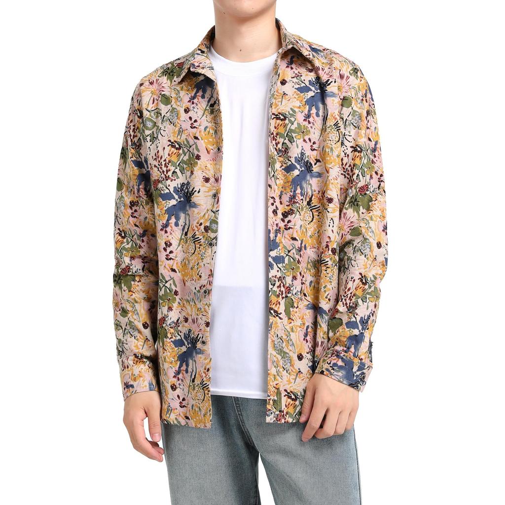 CEEN Long Sleeve Aloha Shirt with Vivid Breathable Cotton and Stylish Top for and Casual Plus Sizes Men's All-Over Print, Linen, Commuting, School,