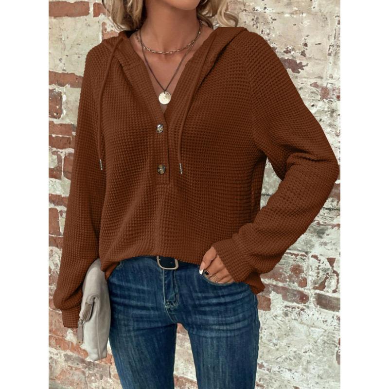 Autumn Solid Color Hooded Button Loose Long Sleeve Sweatshirt