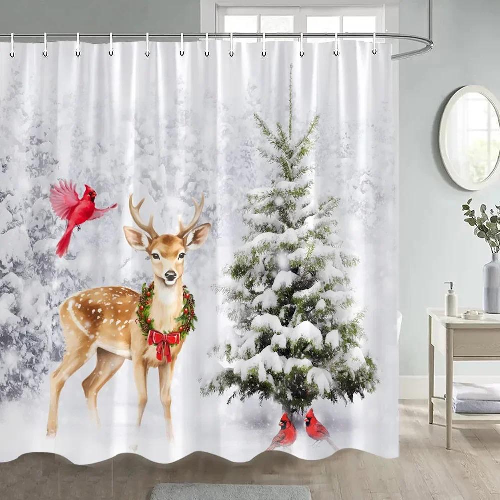 Christmas Shower Curtain Funny Cartoon Santa Claus Silver Fir Branches Snowflakes Grey New Year Home Decor Bathroom Curtains Set