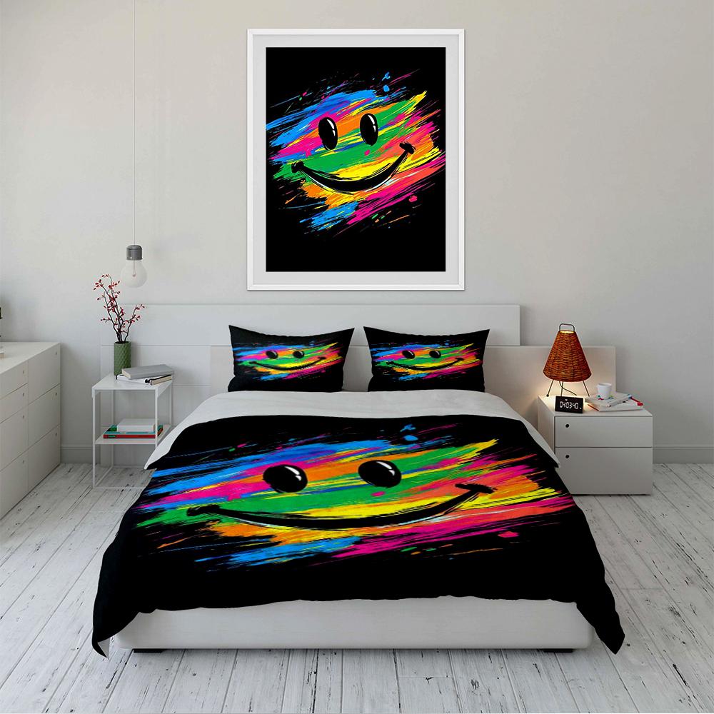 Colorful Smiley Face Bedding Set Black Bedding Set (1 Duvet Cover, 2 Pillowcases, Duvet Not Included)