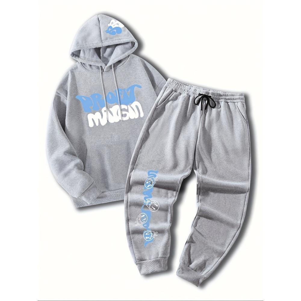 Casual Men's Suit with Letter Pattern Printed Drawstring Pocket Hoodie and Drawstring Outdoor Casual Sports Pants Set