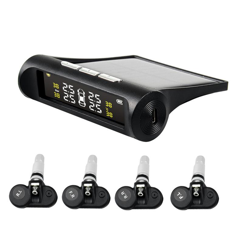 Original Solar Power USB TPMS Car Tire Pressure Monitoring System LCD 4 External / Internal Sensors for SUV Temperature Warning