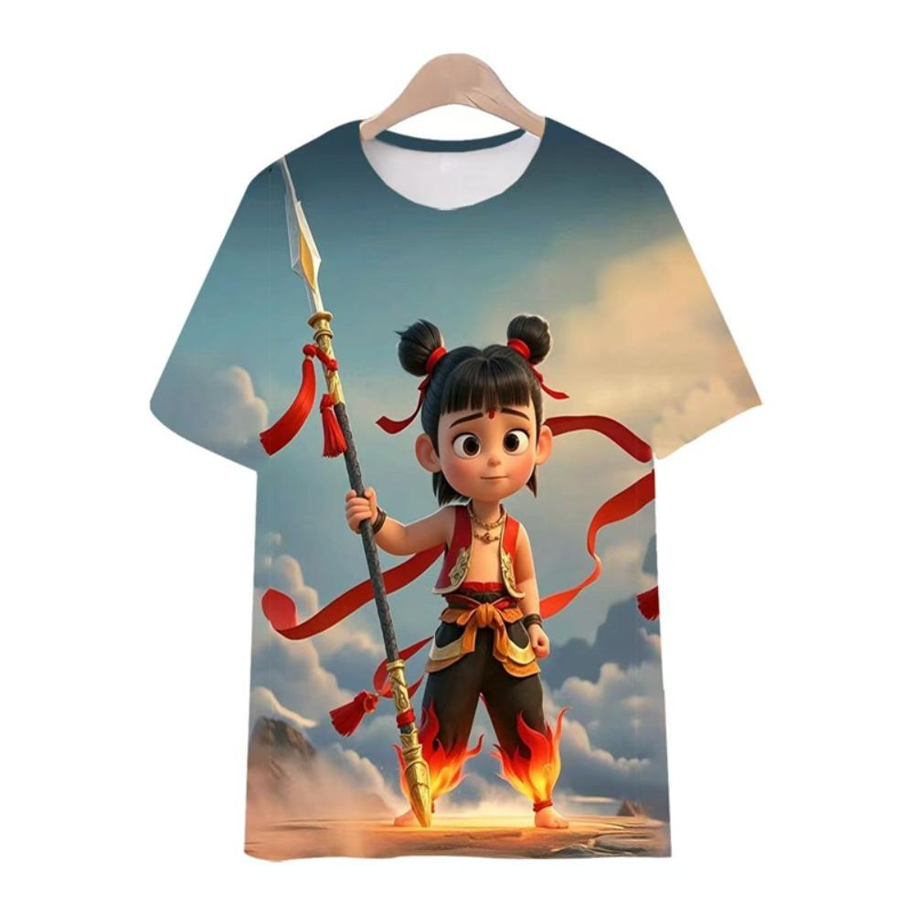 3D Printed Anime Nezha T-Shirt Boys' Summer Crew Neck Short Sleeve Comfortable Loose Top