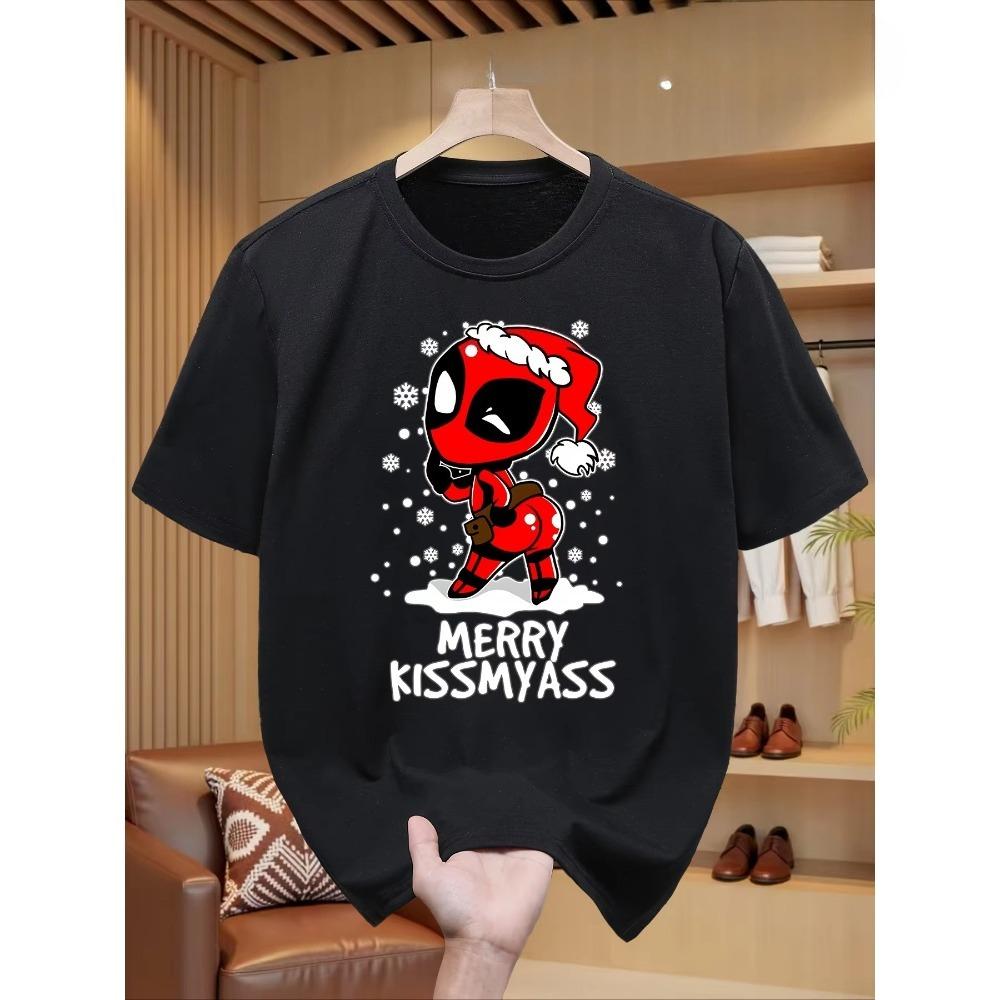 Unisexs Deadpool Christmas TShirt  Funny Merry Kissmyass Red  White Comic Design with Deadpool As Deathstroke Casua L